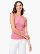 Red and white striped, high-neck sleeveless ribbed knit top.