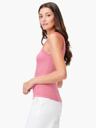 Pink and white striped ribbed knit tank top; high neck, sleeveless.