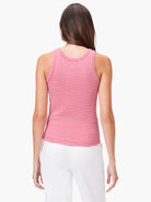 Red and white striped ribbed tank top; high neck, sleeveless.
