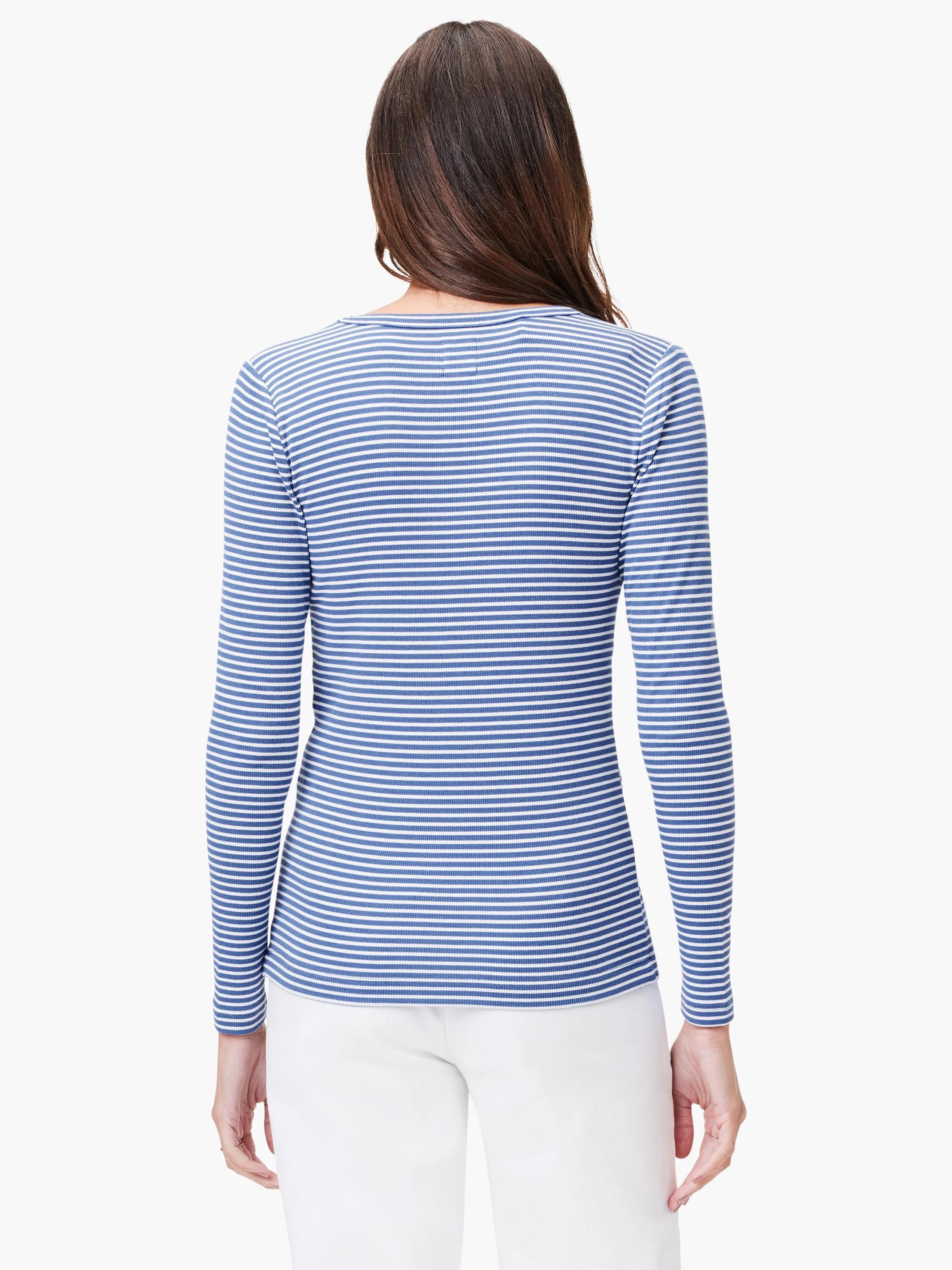 Blue and white horizontal striped, ribbed, long-sleeve V-neck shirt.  Shown from the back.