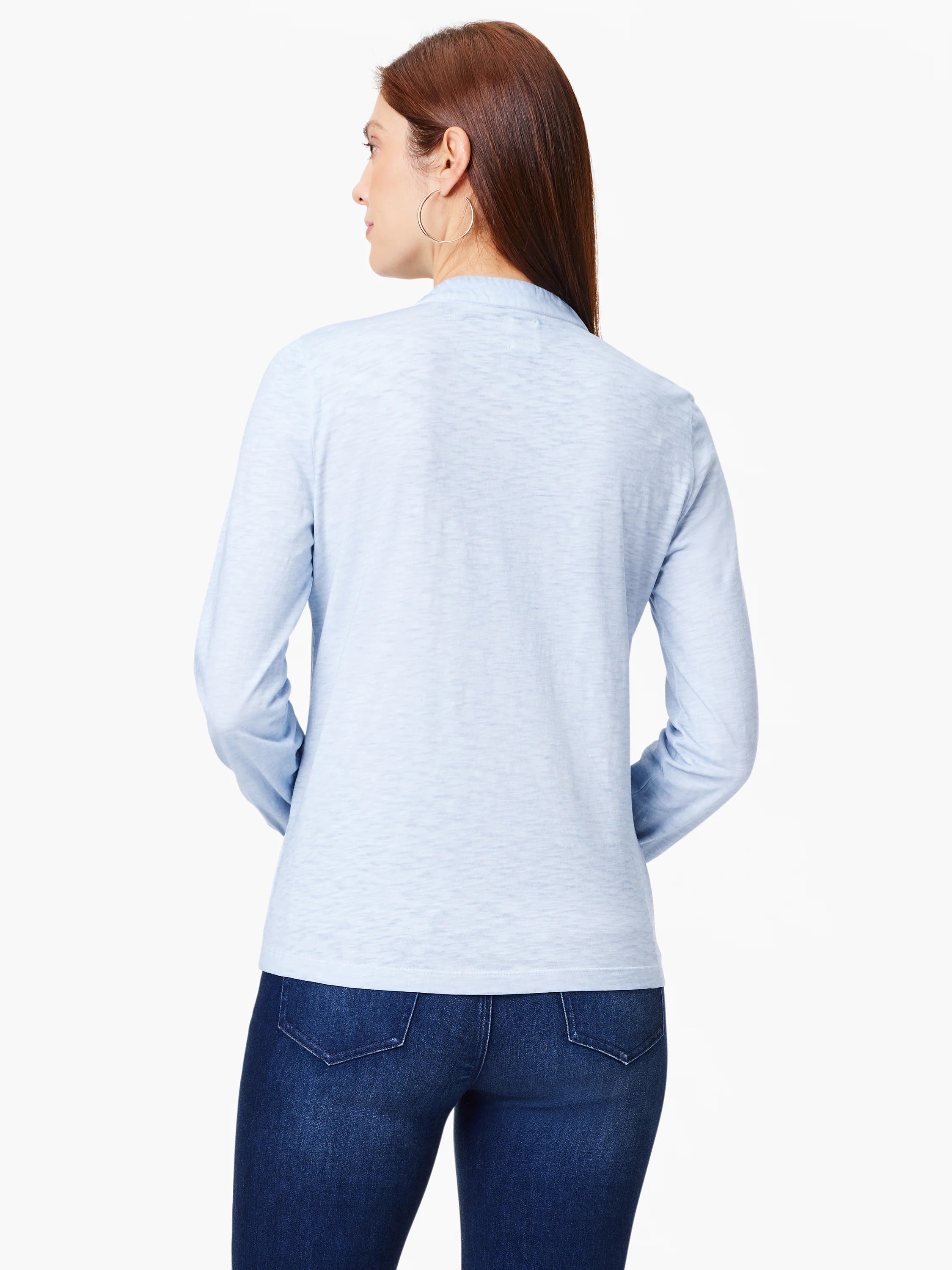 Here's alt text that meets the requirements:

"Blueline Top, back view. Light blue, long-sleeved shirt with subtle texture.