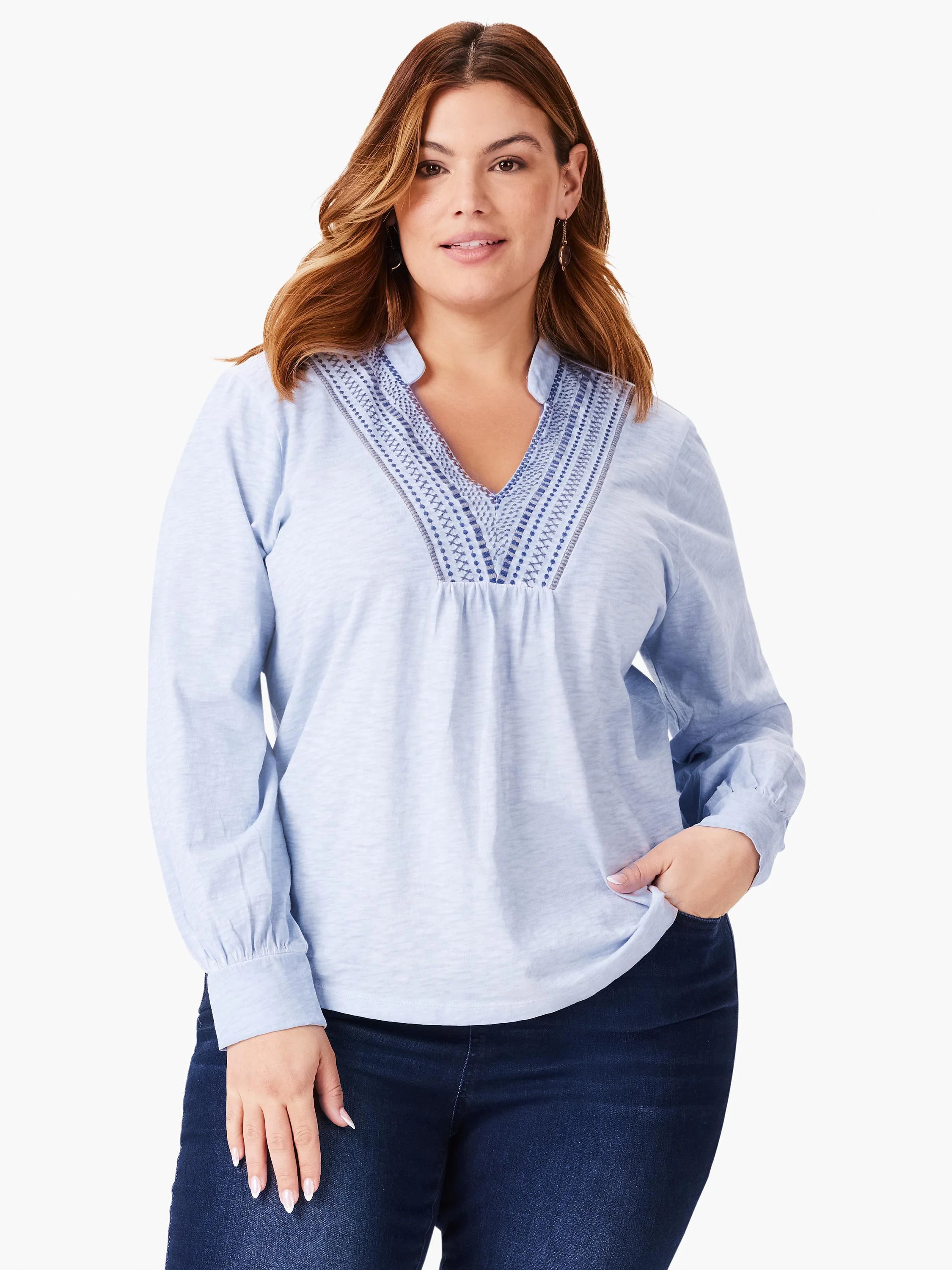 Light blue long-sleeve top with dark blue embroidered details at the V-neck.  Long sleeves have slight puff at cuffs.