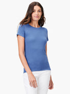 Fitted blue ribbed knit short sleeve crew neck tee.