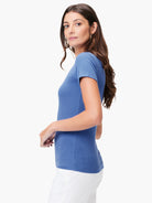 Fitted blue ribbed knit short sleeve crew neck tee.