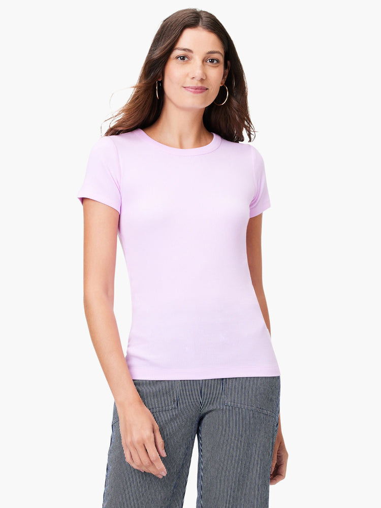 Light lavender ribbed knit tee with short sleeves and a crew neck, fitted.