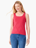 Bright red square-neck sleeveless tank top.