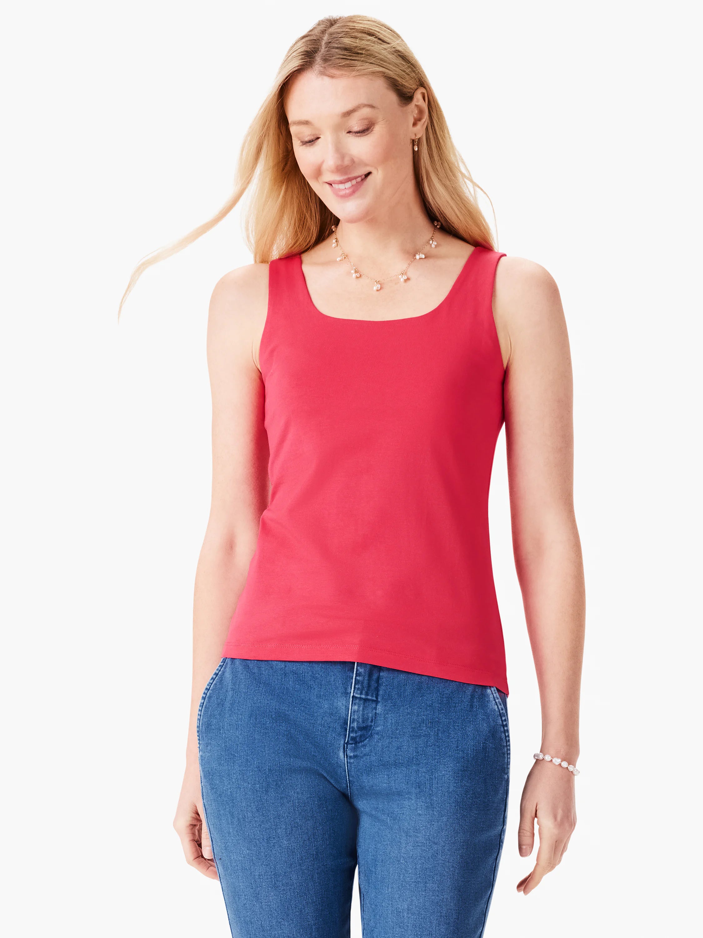 Bright red square-neck sleeveless tank top.