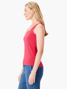 Red scoop neck tank top with wide straps. Fitted silhouette.