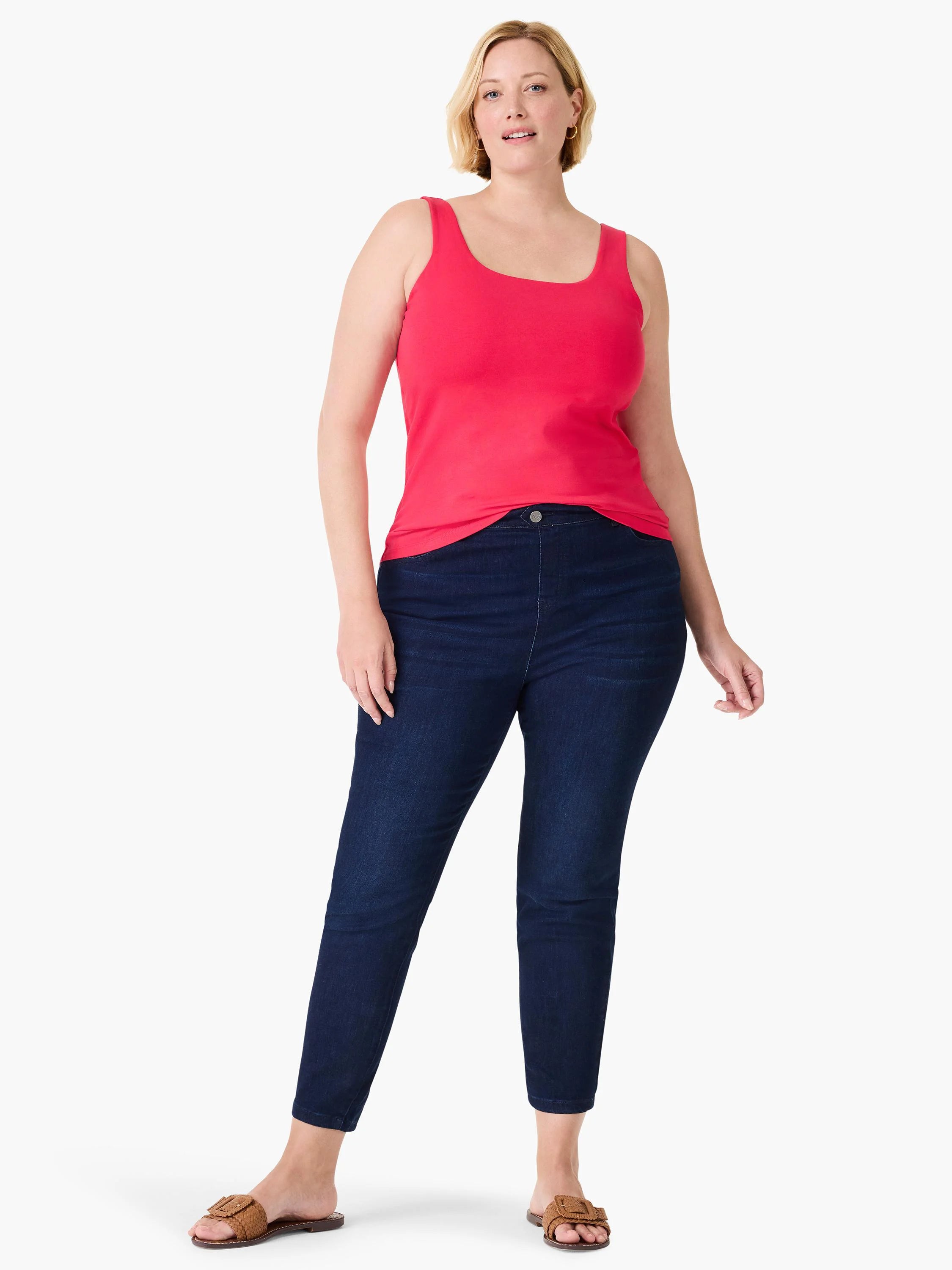 Bright red tank top with a square neckline and wide straps.