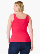 Red fitted tank top with a square back neckline and wide straps.