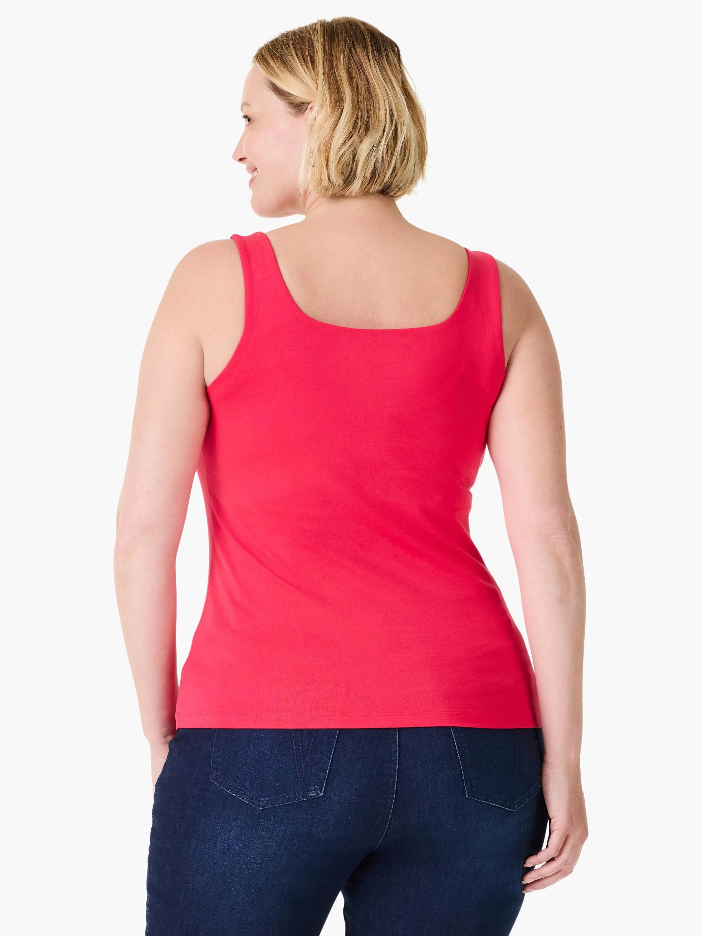 Red fitted tank top with a square back neckline and wide straps.