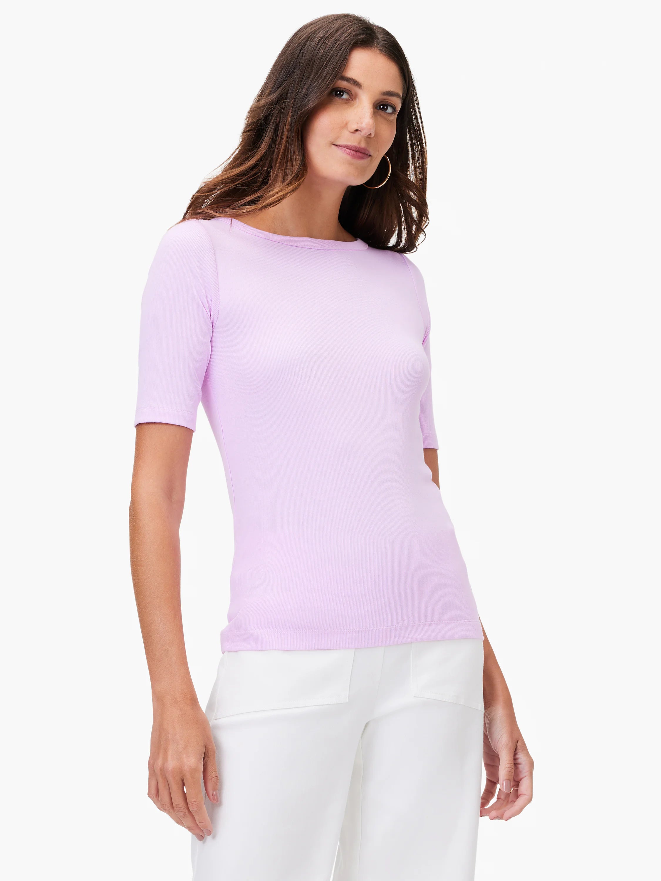 Lavender ribbed knit elbow-sleeve boatneck tee.