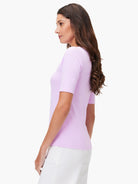 Lavender ribbed knit tee with elbow sleeves and boatneck.