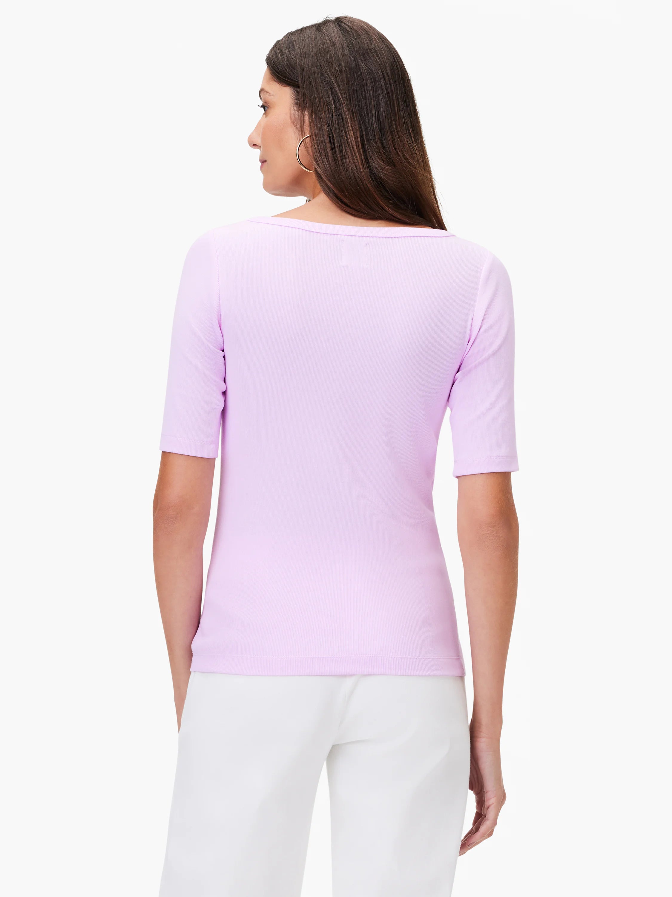 Lavender ribbed boatneck tee with elbow sleeves, back view on model.