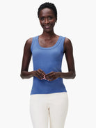 Fitted blue ribbed knit scoop neck tank top.