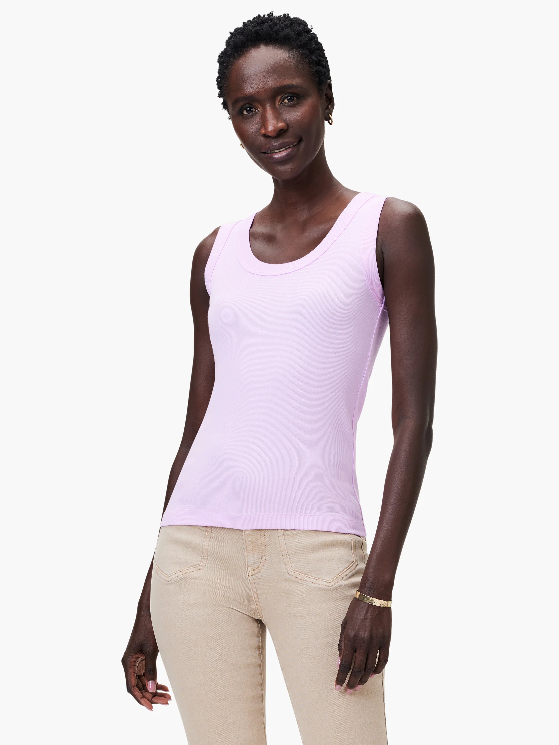 Lavender ribbed knit scoop neck tank top on model.