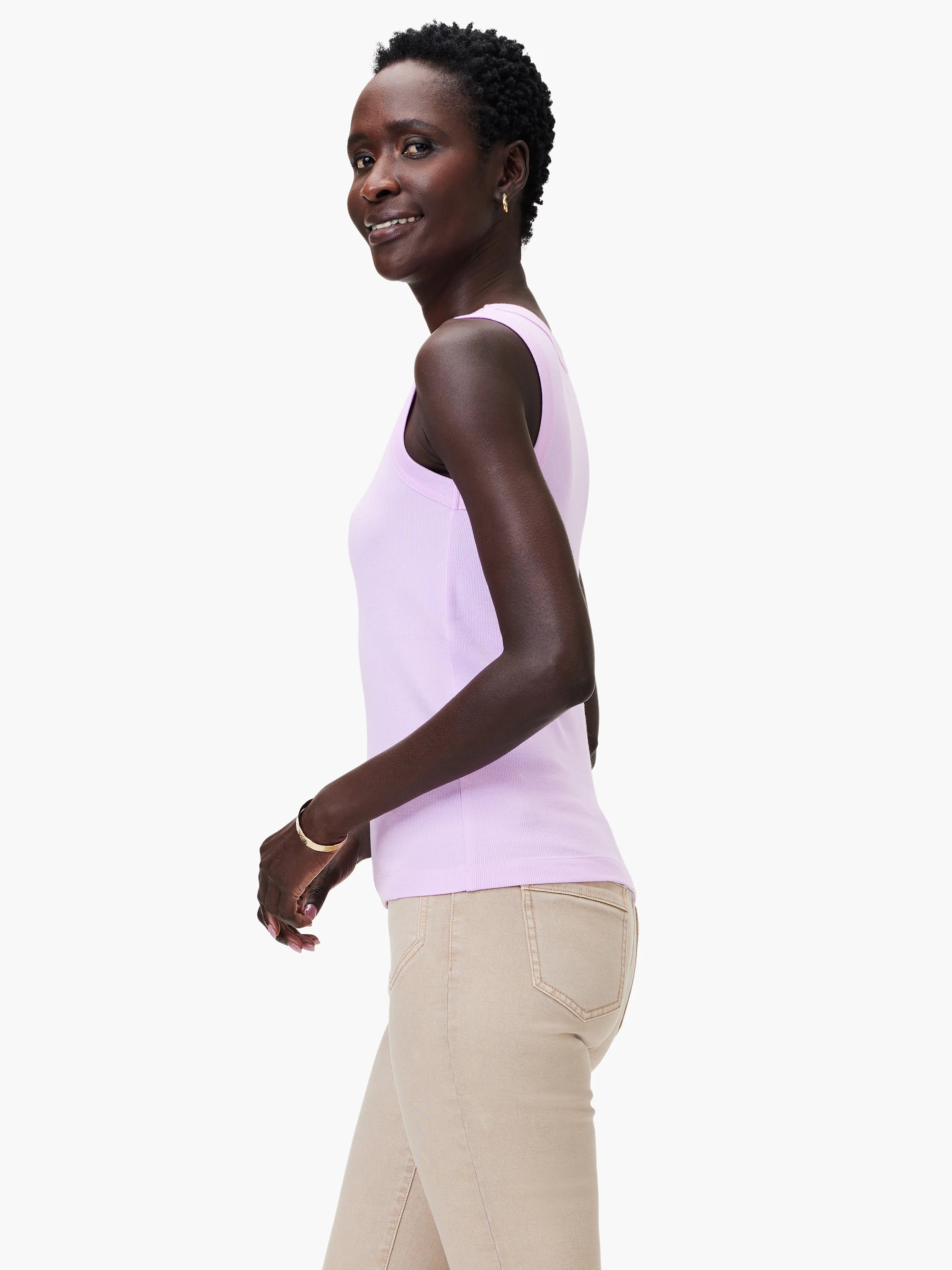 Light purple ribbed scoop neck tank.