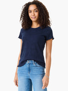 Navy blue lace-knit t-shirt with short, scalloped sleeves and a textured pattern.
