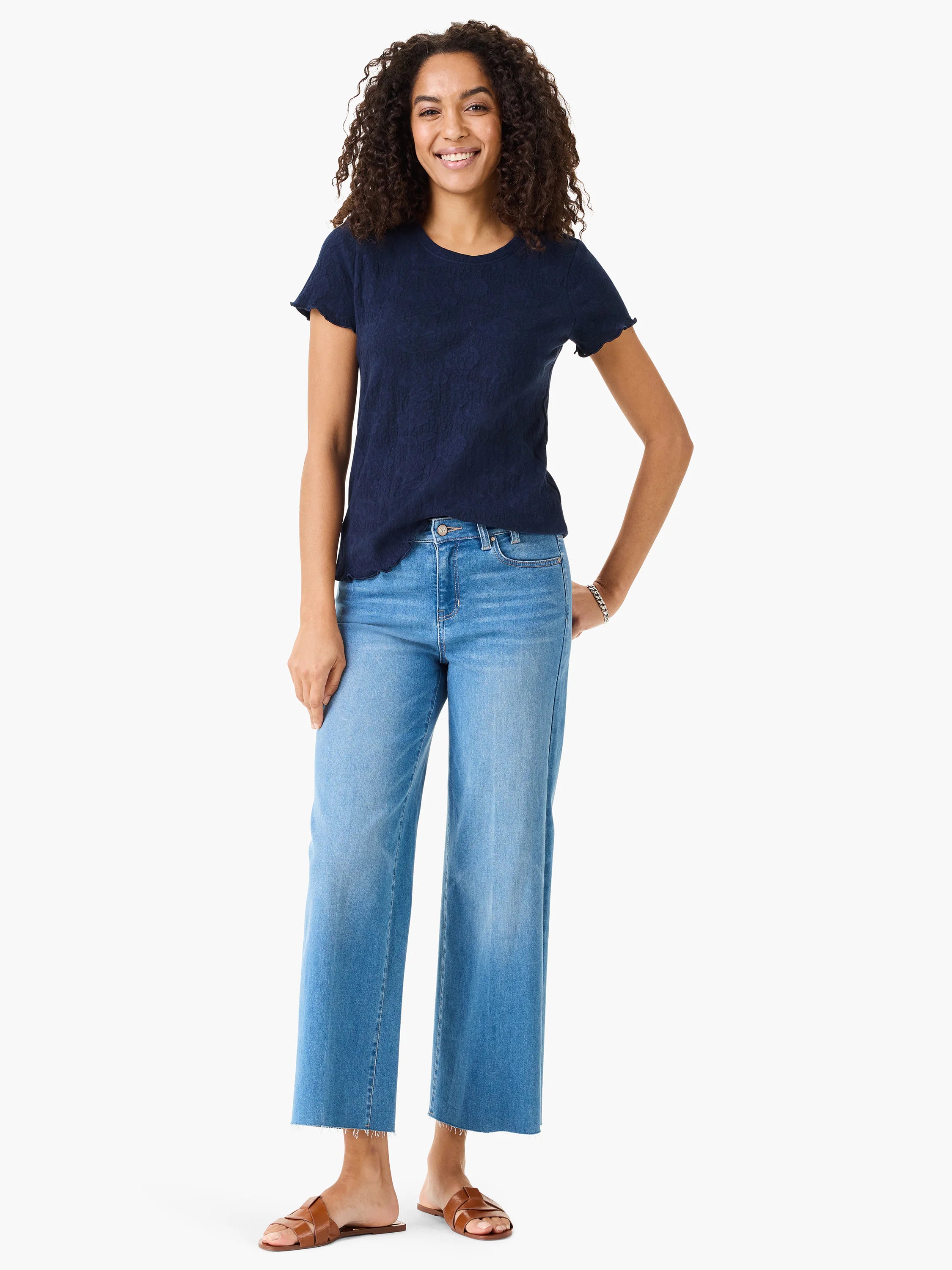 Dark navy blue lace-knit t-shirt with short sleeves and a round neckline.