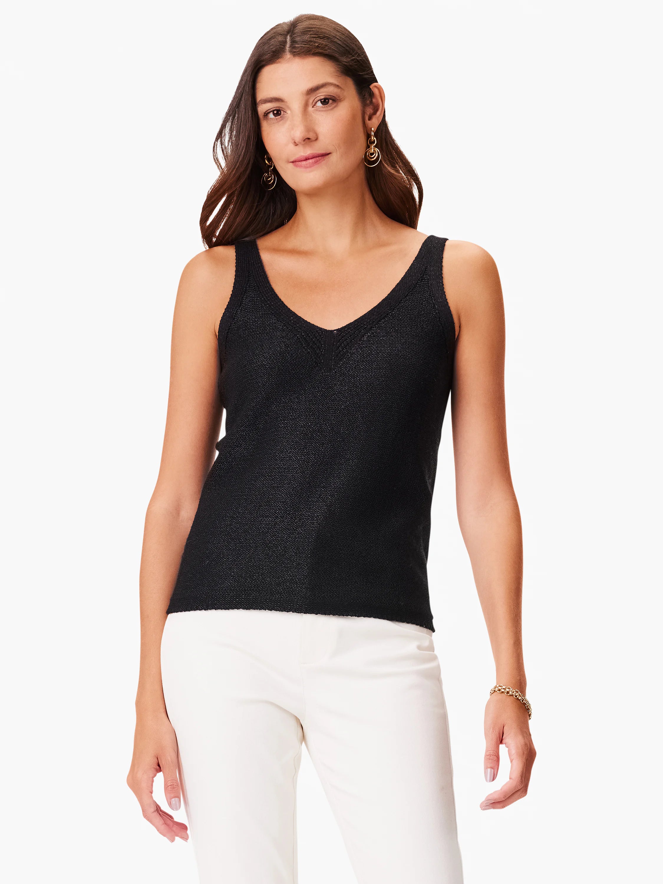 Black knit tank top, V-neck, textured fabric.