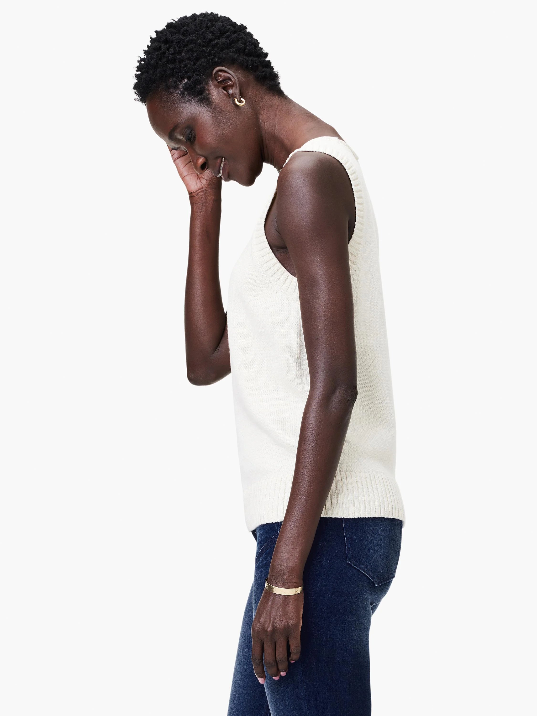 Off-white cotton knit tank top; sleeveless.