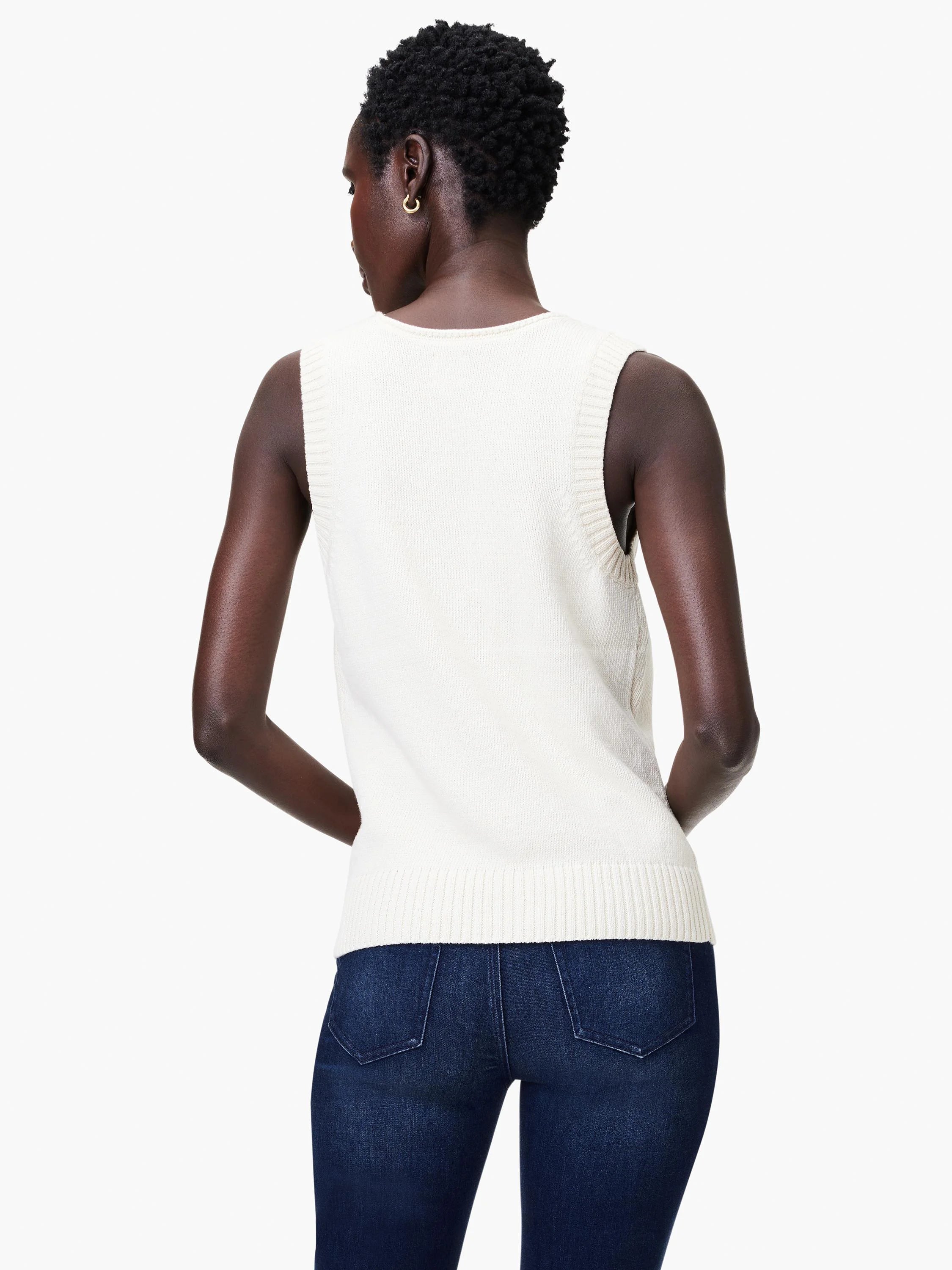 Off-white cotton sleeveless knit tank, ribbed trim.  Shown from the back.