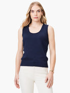 Navy blue cotton knit tank top; scoop neck; ribbed trim.