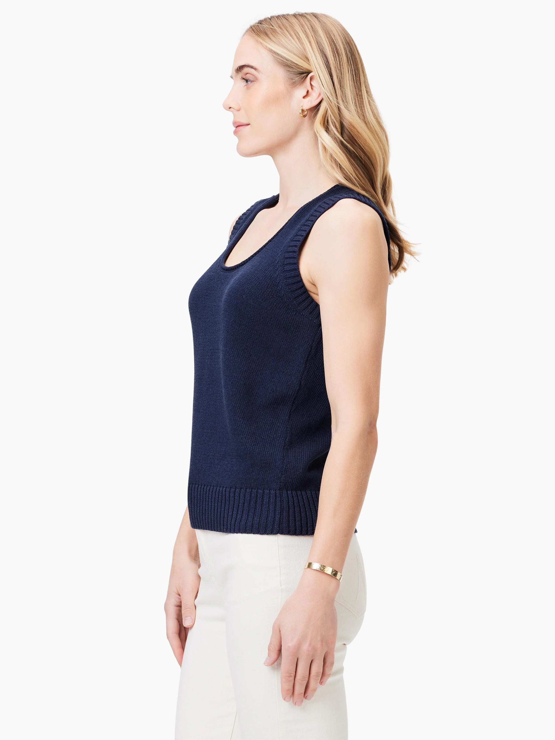 Here's alt text for the image, under 125 characters:

Navy blue cotton knit tank top; sleeveless, scoop neck.