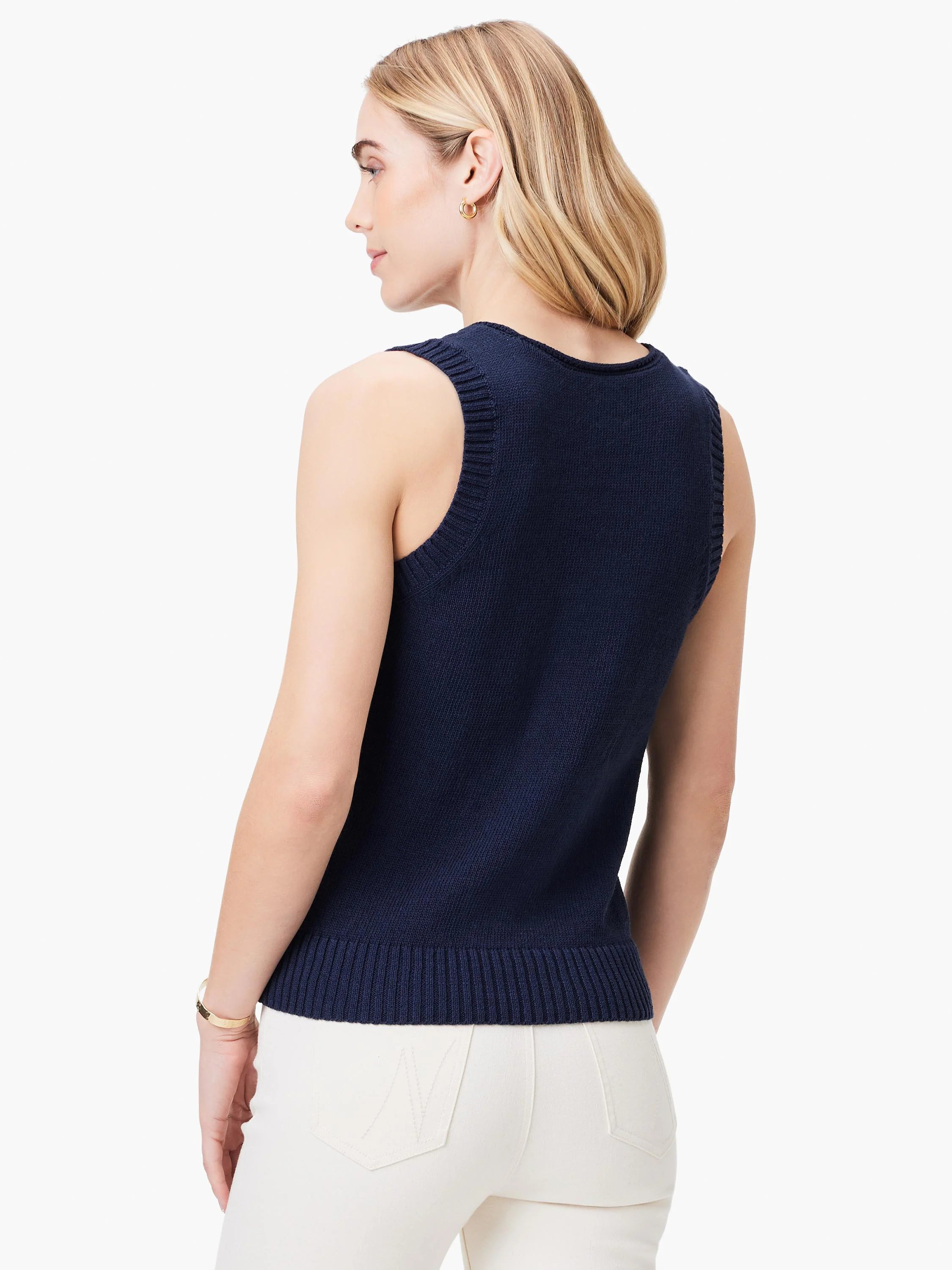 Here's alt text that meets the requirements:

Navy blue cotton knit tank top; sleeveless, ribbed trim.