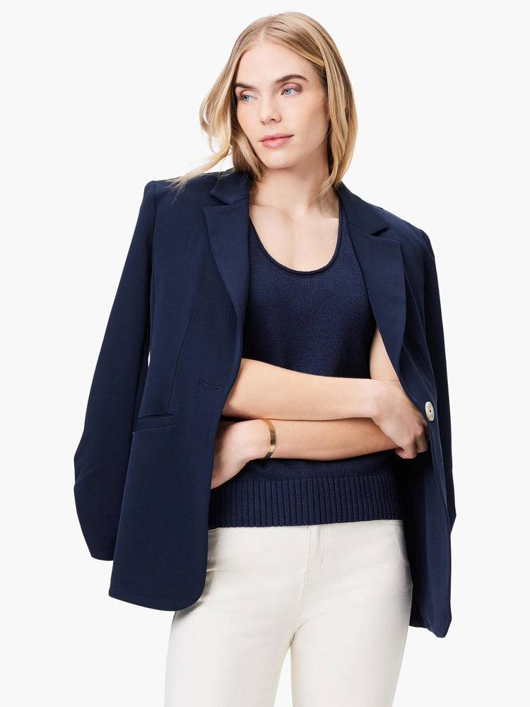 Navy blue cotton knit tank top; scoop neck; ribbed texture.