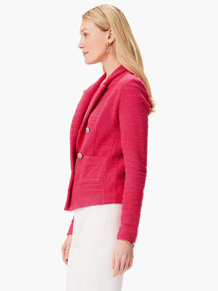 Pink textured knit jacket, double-breasted, with silver buttons and patch pockets.