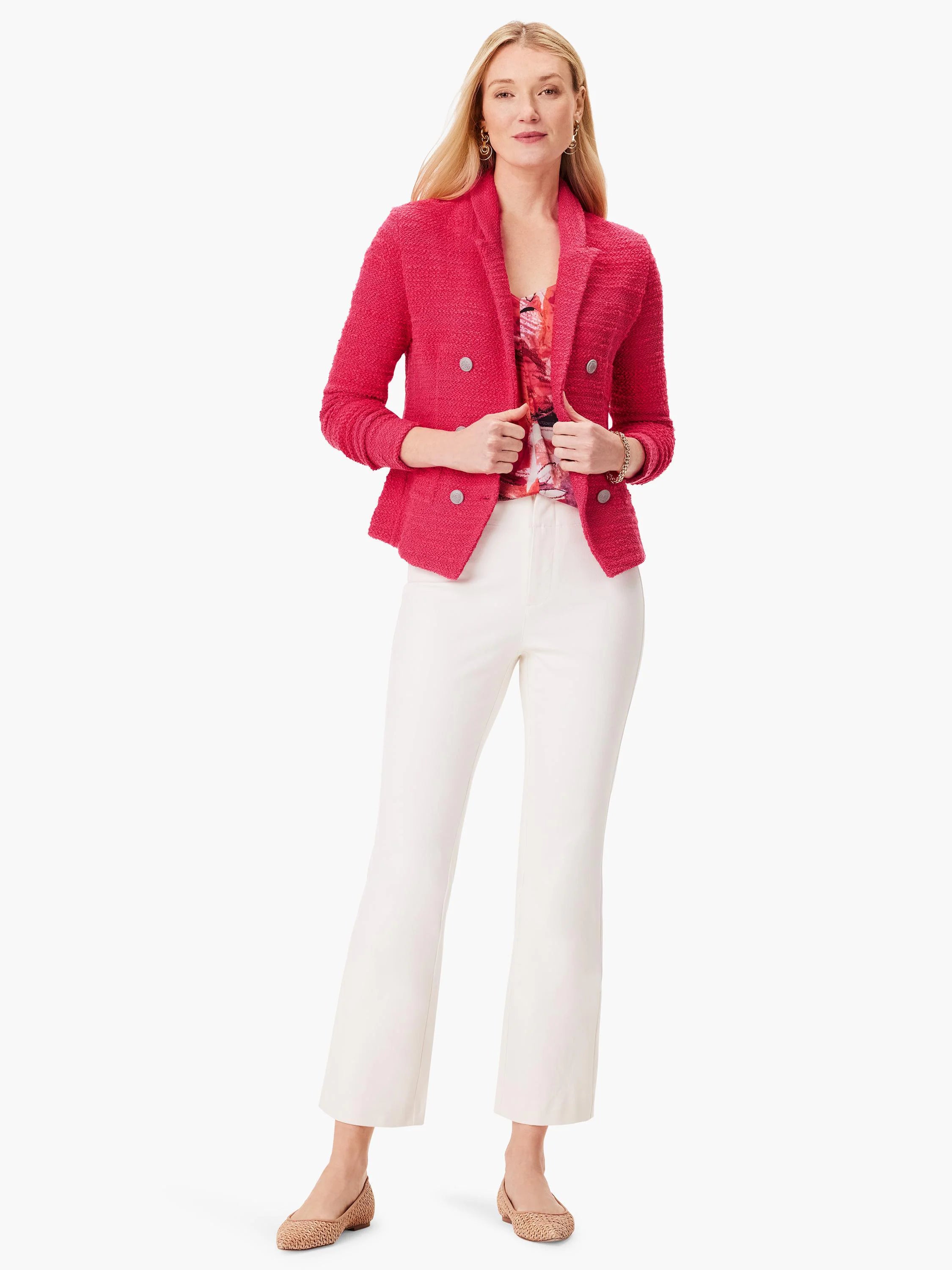 Hot pink, textured knit jacket. Double-breasted, with silver buttons.  Cropped length.