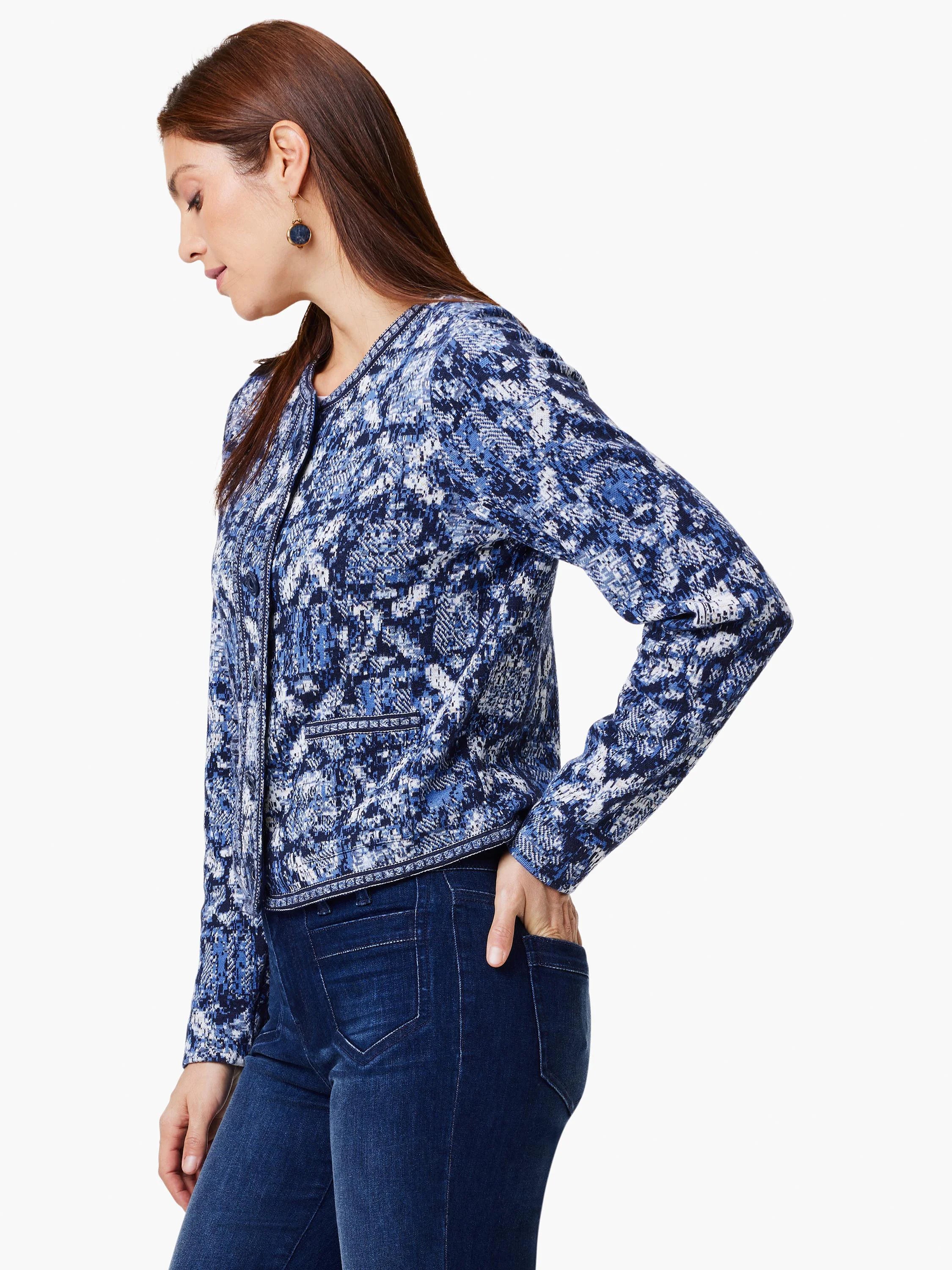 Indigo Geo Knit Jacket:  Blue, white, and gray geometric pattern. Long sleeves, button front. Knit fabric.