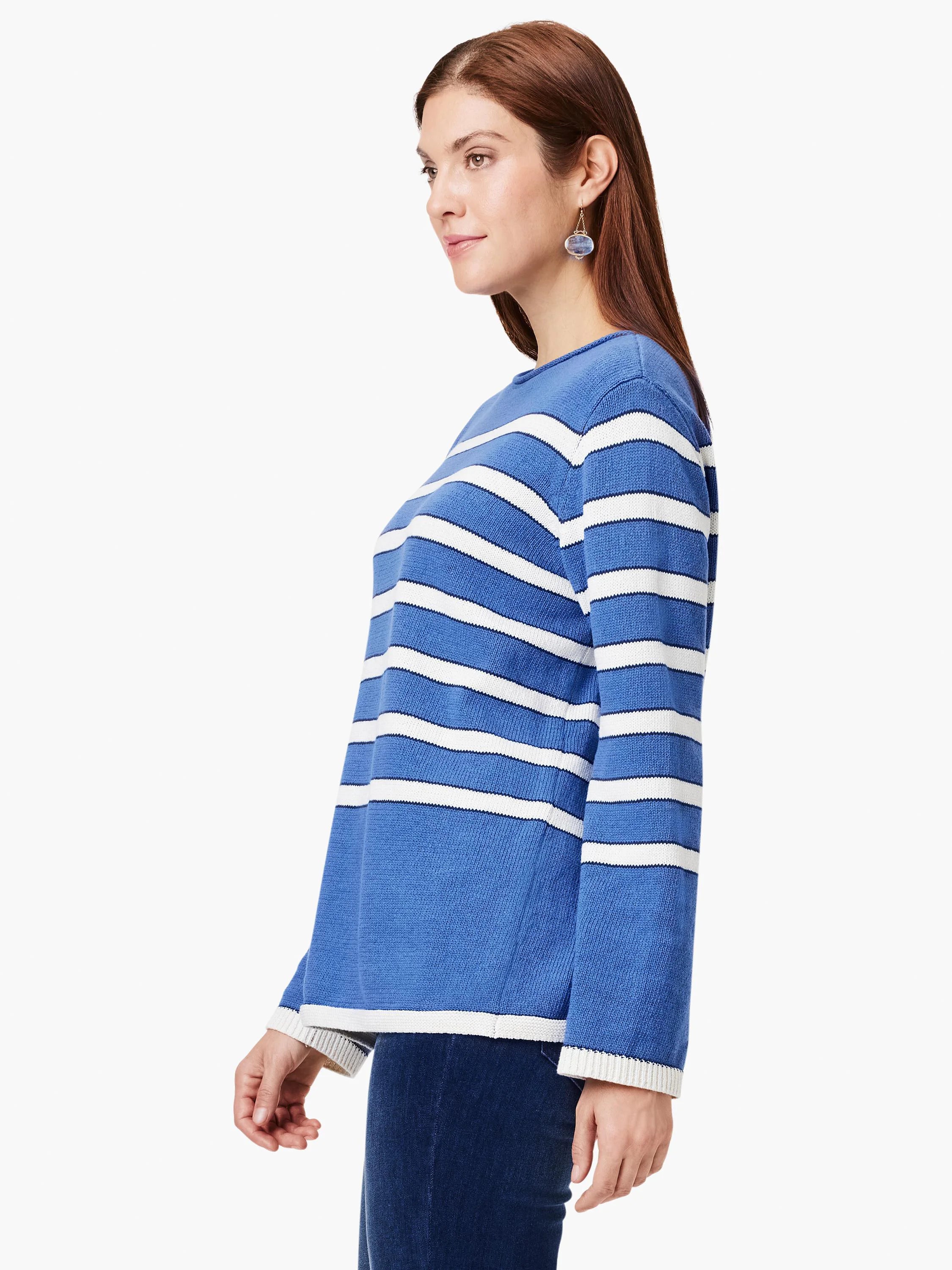 Blue and white horizontally striped sweater, long sleeves, and a boat neckline.