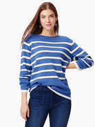 Blue and white striped sweater; long sleeves, boat neck.