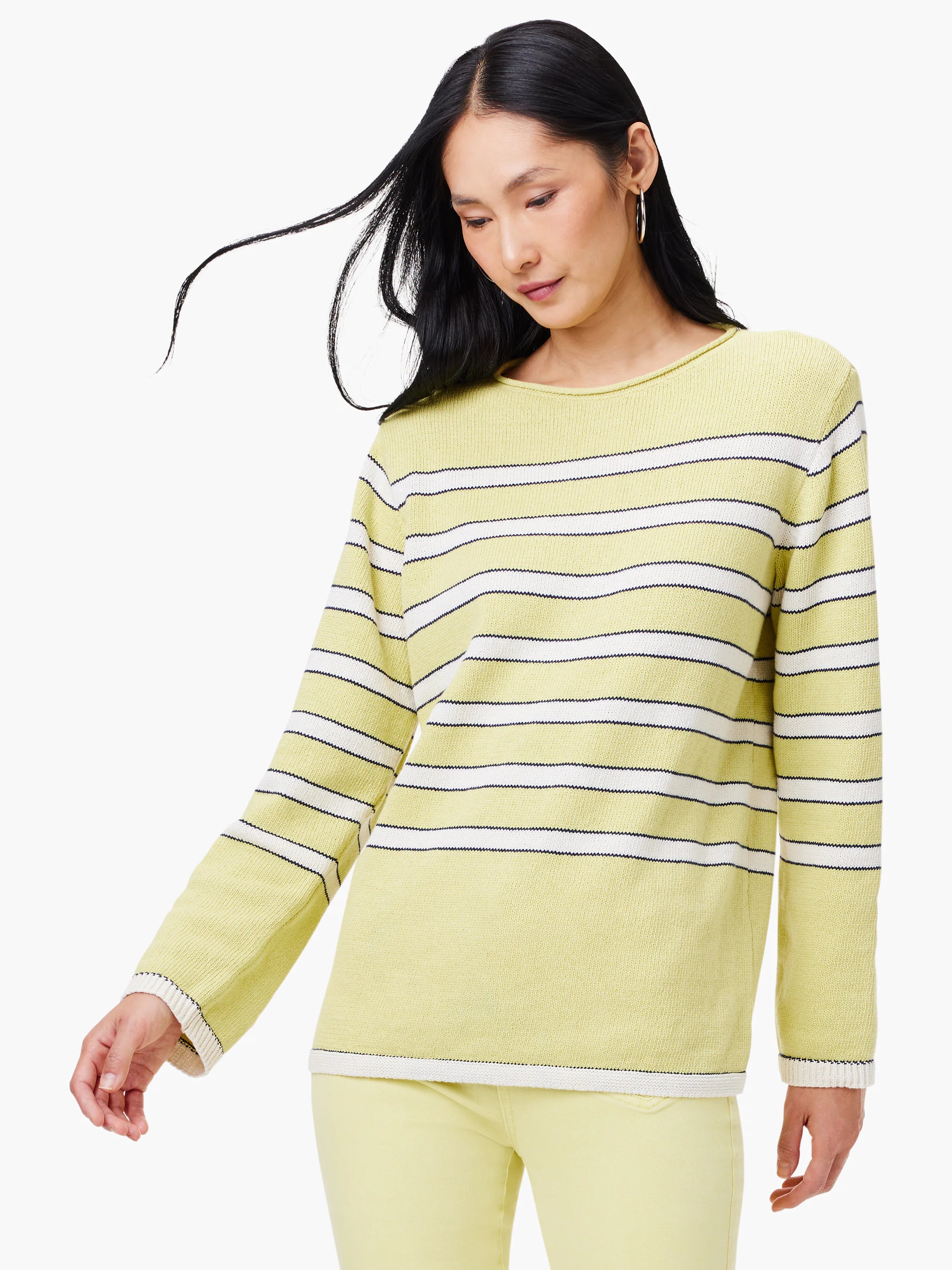 Pale yellow sweater with horizontal white and navy stripes; long sleeves, and a slightly loose fit.