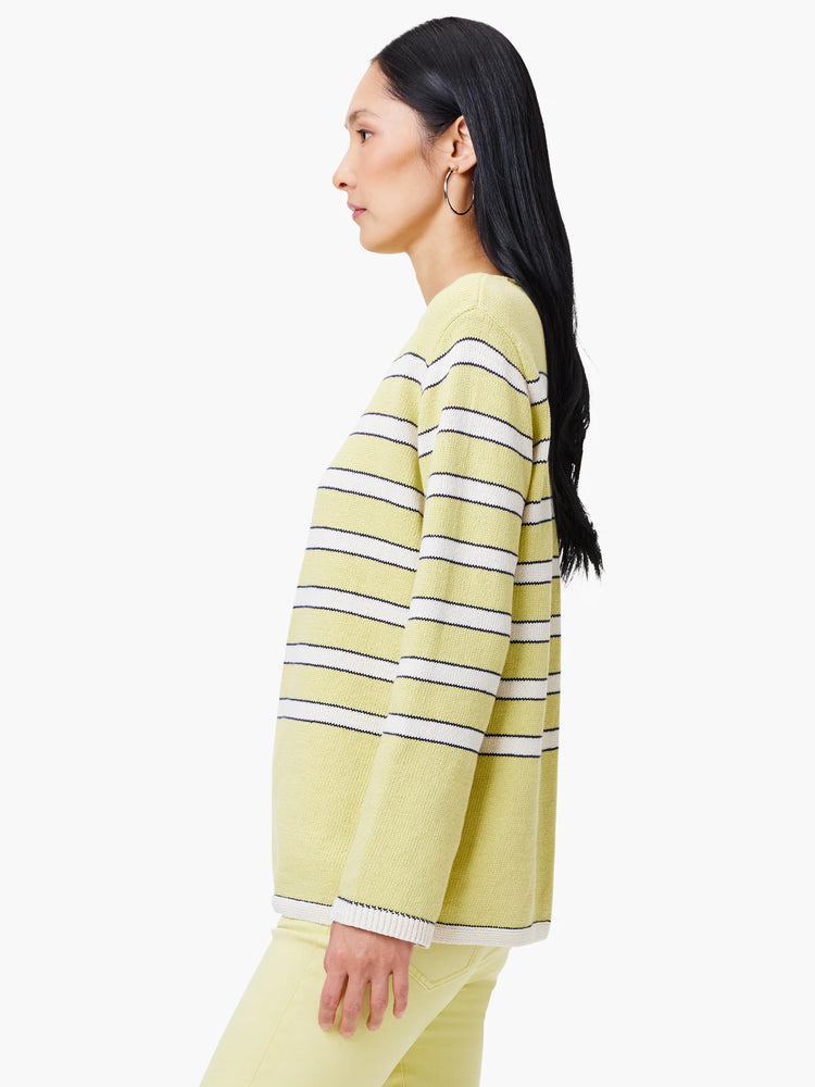 Pale yellow sweater with horizontal white and navy stripes; long sleeves, ribbed cuffs and hem.