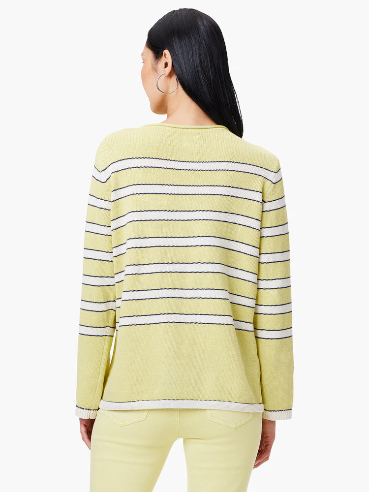 Pale yellow knit sweater with thin white and dark stripes.  Features a ribbed hem and cuffs with a white and dark trim.