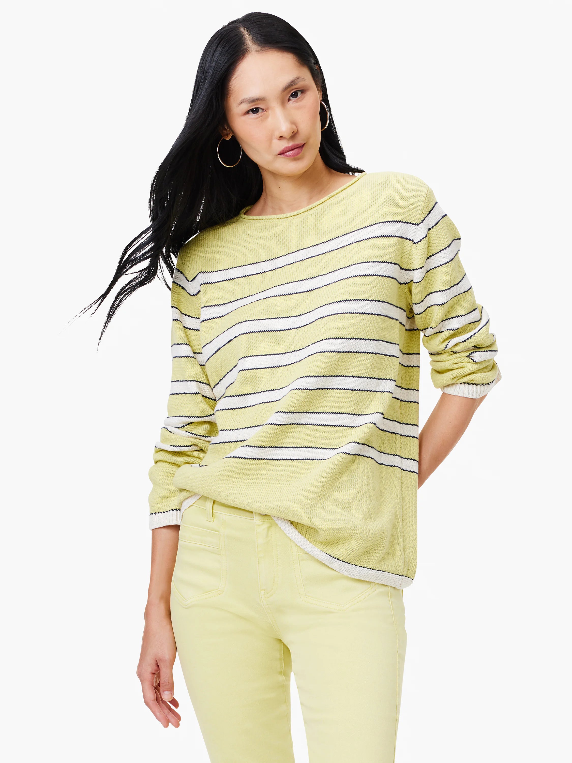 Pale yellow sweater with white and navy blue horizontal stripes, long sleeves, and a boat neck.
