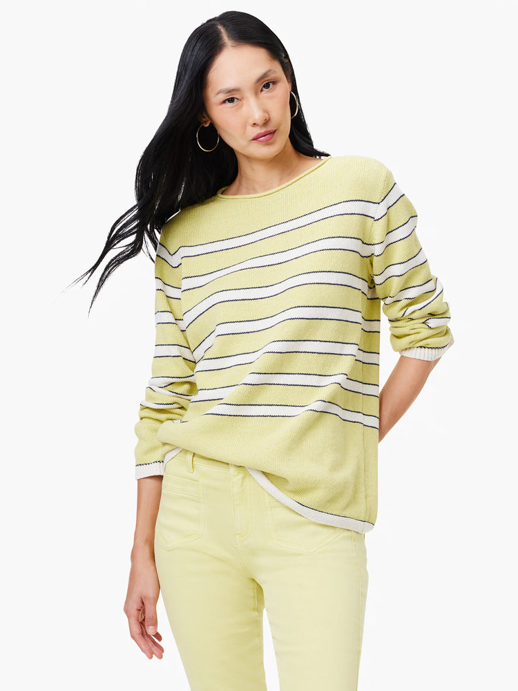 Pale yellow sweater with white and navy blue horizontal stripes, long sleeves, and a boat neck.