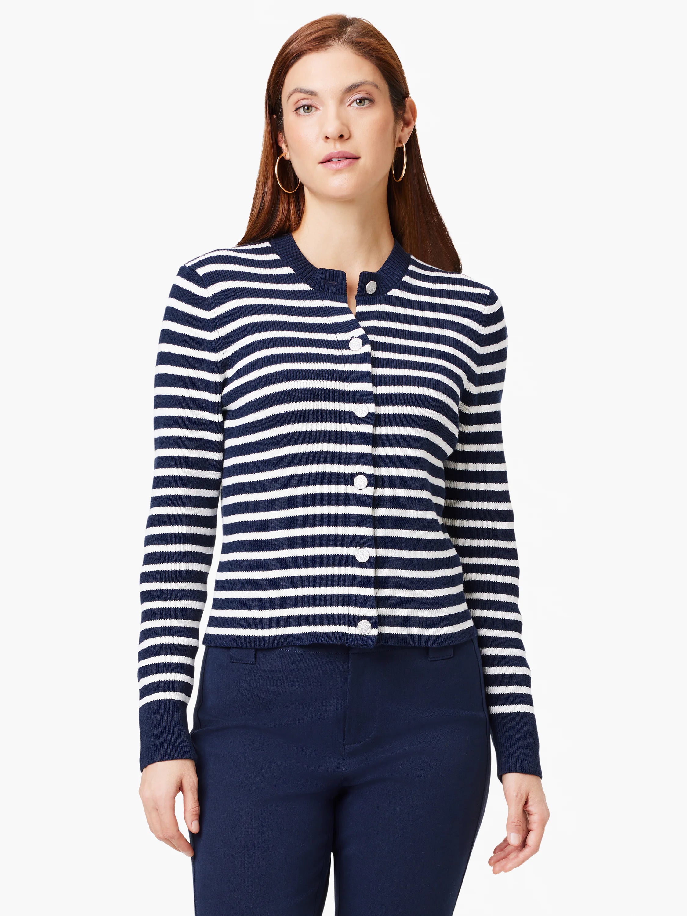 Navy blue and white striped cardigan, button front, long sleeves.