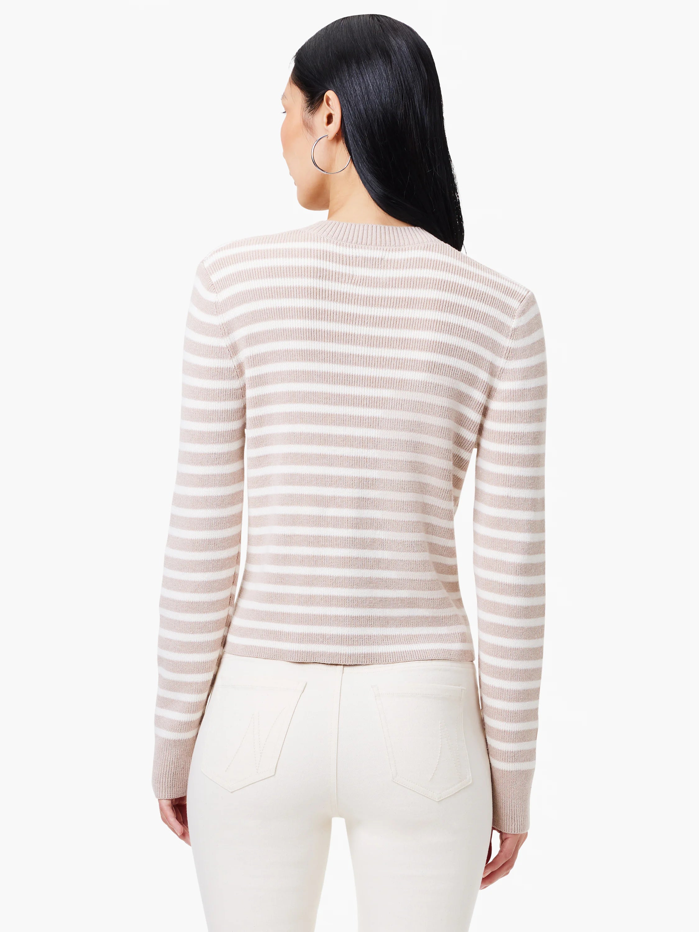 Beige cardigan with thin white horizontal stripes, long sleeves, and a close-fitting silhouette.