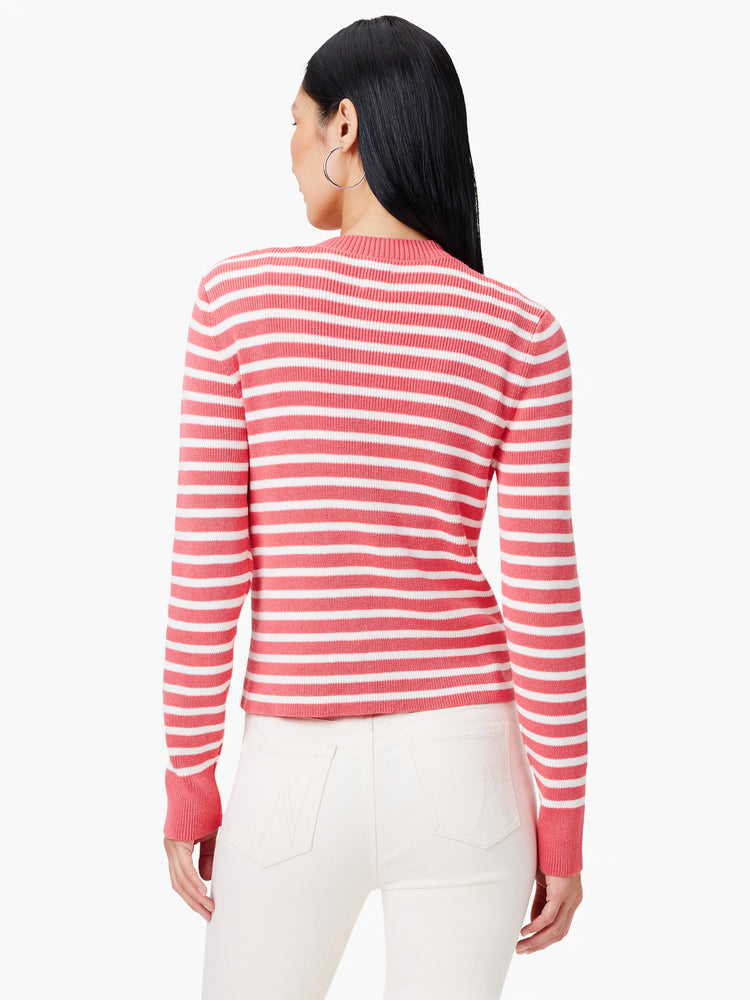 Coral and white striped long-sleeved cardigan, ribbed knit.  Seen from the back.