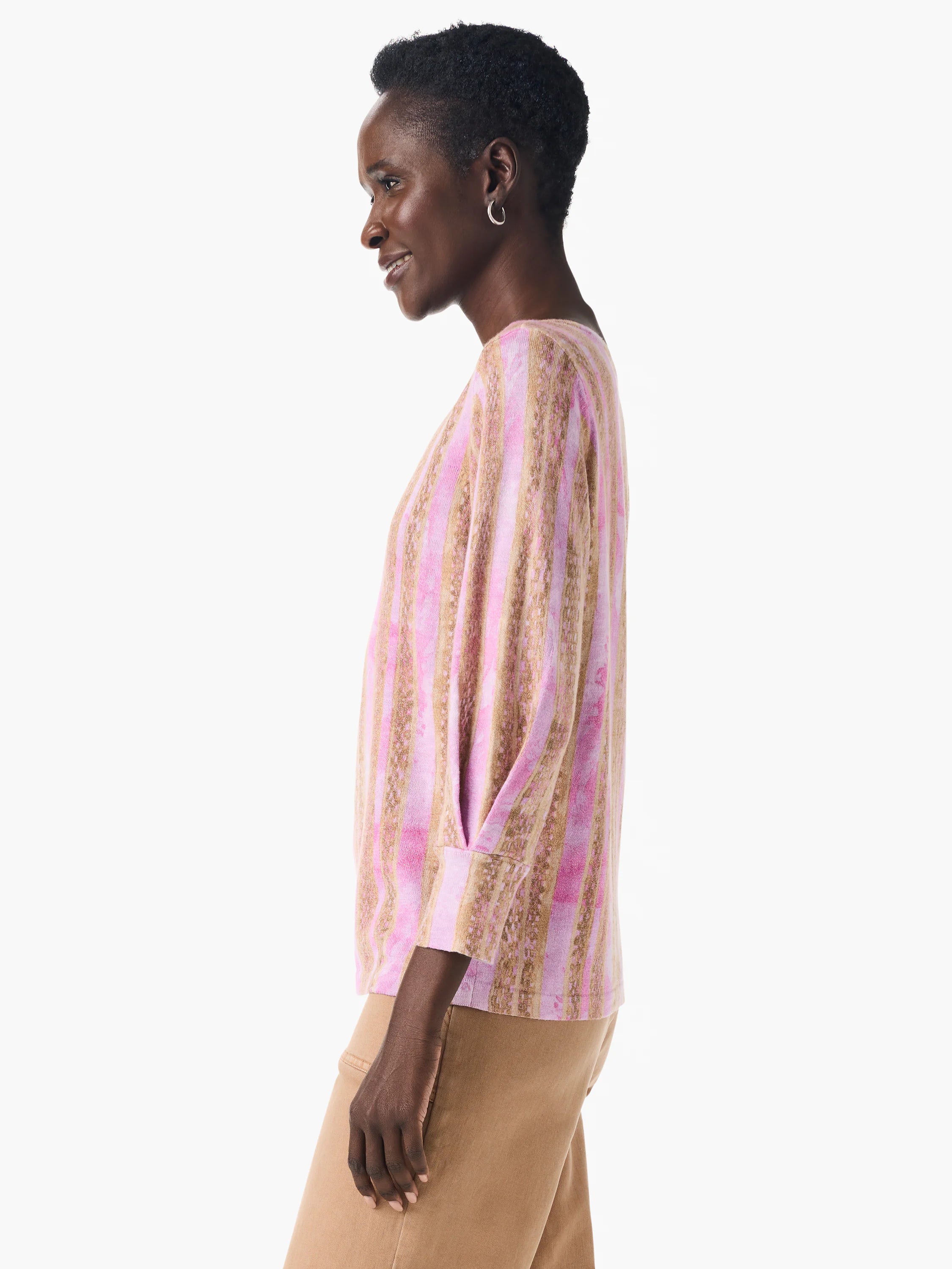 Pink and tan striped sweater, three-quarter sleeves, relaxed fit.