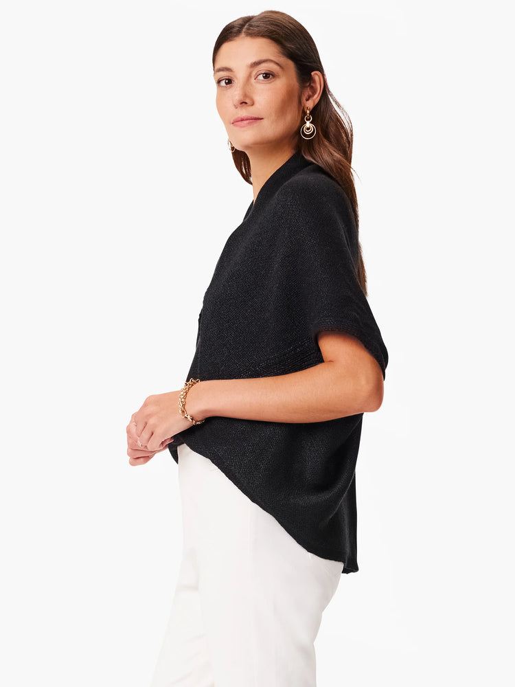 Black short-sleeved knit cardigan,  slightly cropped.  The knit has a subtle texture.
