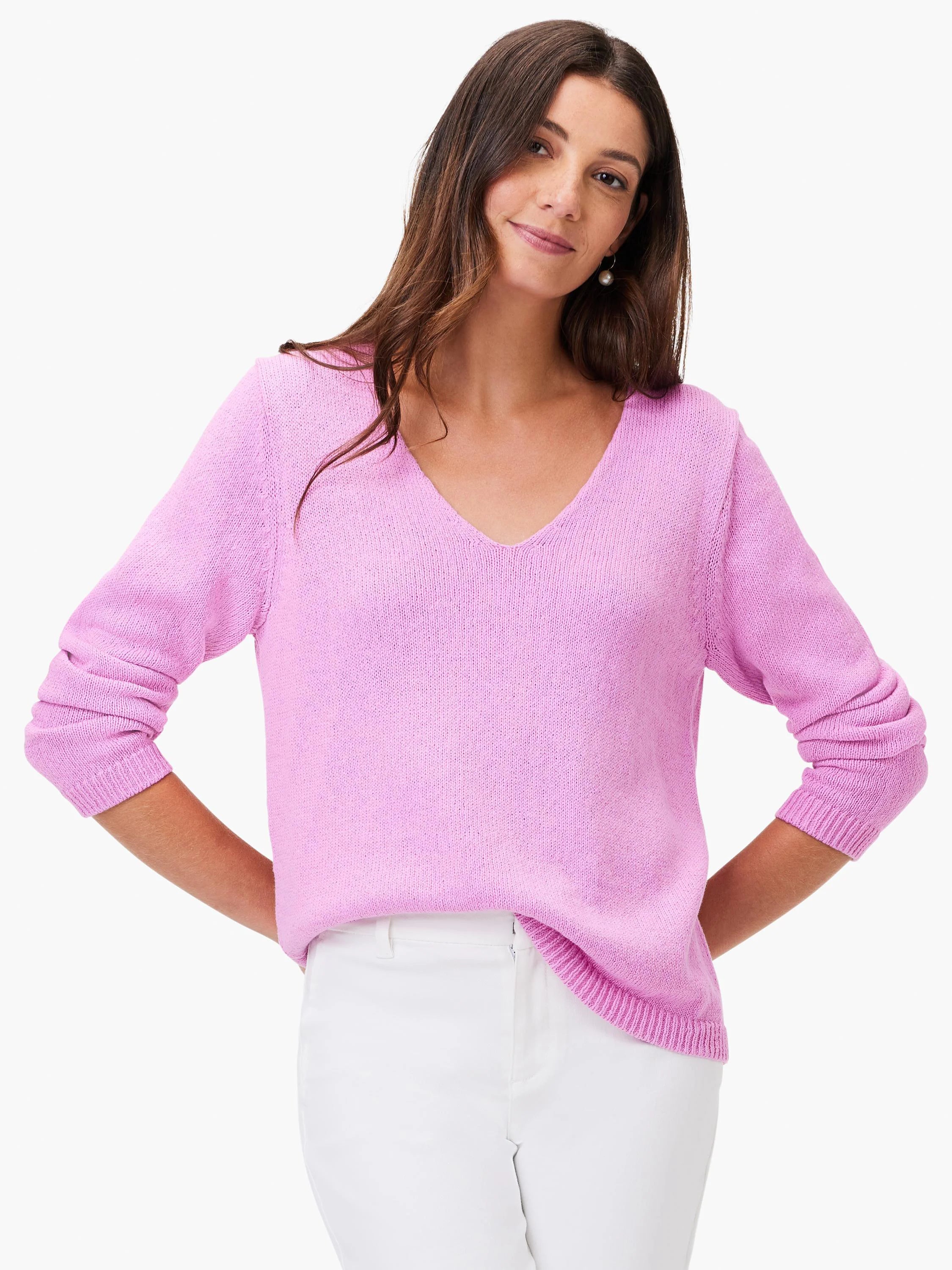 Lavender V-neck sweater with fine knit texture and long sleeves.