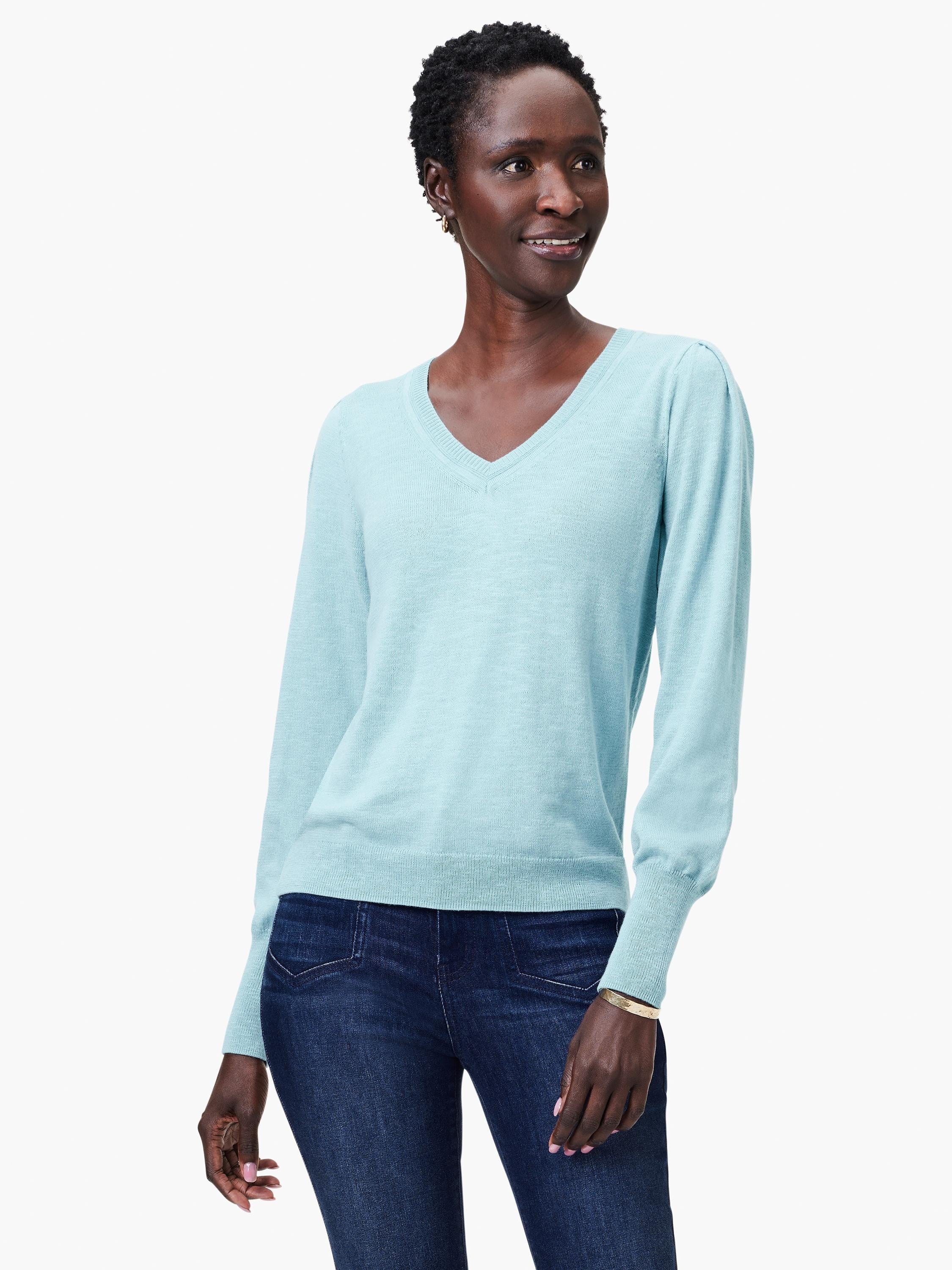 Light blue slub knit V-neck sweater with long sleeves.