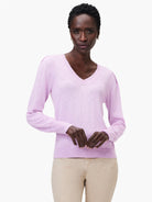 Here's alt text that meets the requirements:

Lilac slub knit V-neck sweater, long sleeves.