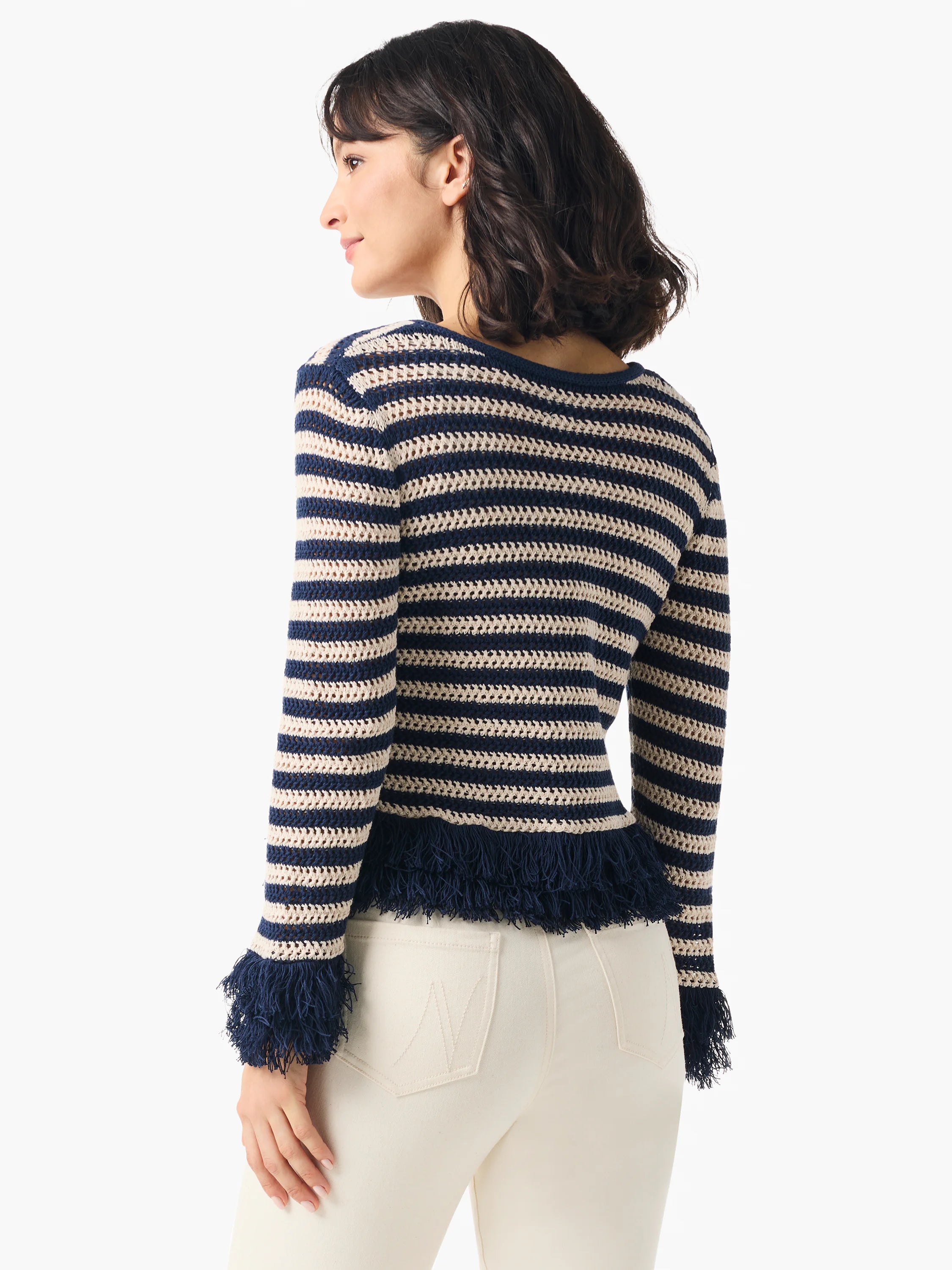 Navy blue and cream horizontally striped knit cardigan with navy fringe trim at the hem and sleeves.  Long sleeves.