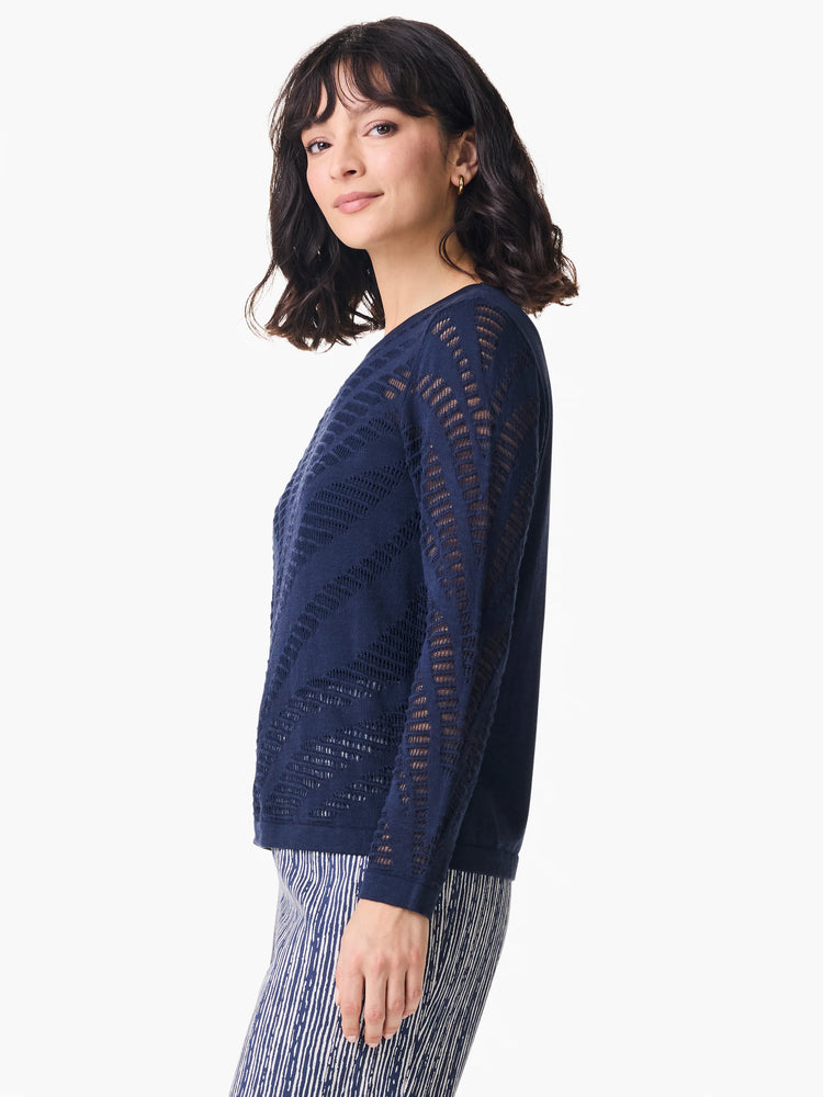 Navy blue pointelle knit sweater;  long sleeves,  geometric cut-out pattern throughout.